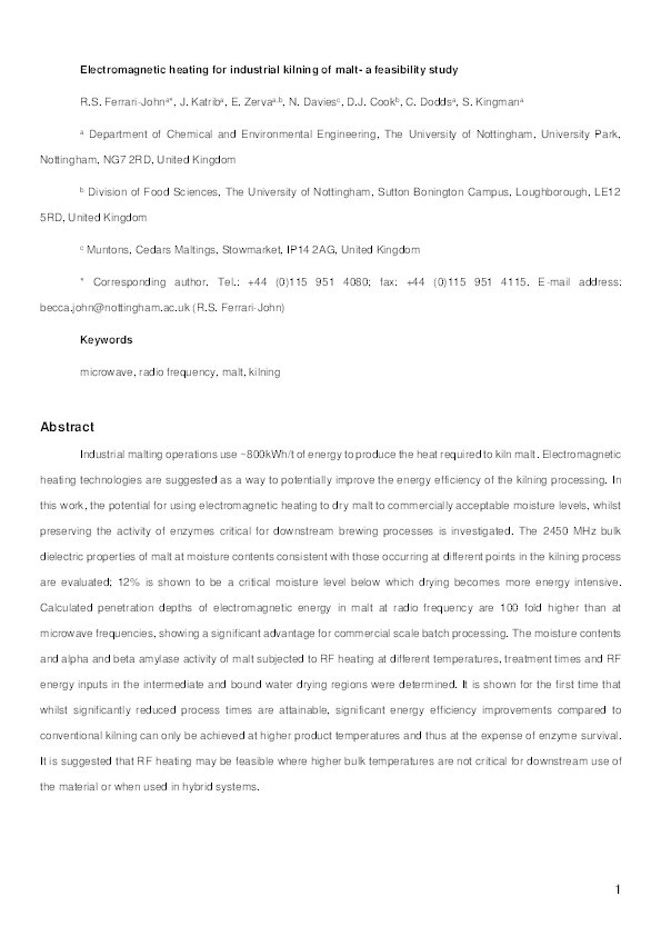 Electromagnetic heating for industrial kilning of malt: a feasibility study Thumbnail