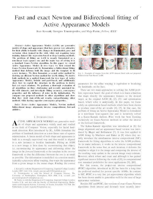 Fast and exact Newton and bidirectional fitting of Active Appearance Models Thumbnail