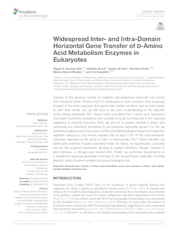Widespread inter- and intra-domain horizontal gene transfer of d-amino acid metabolism enzymes in eukaryotes Thumbnail