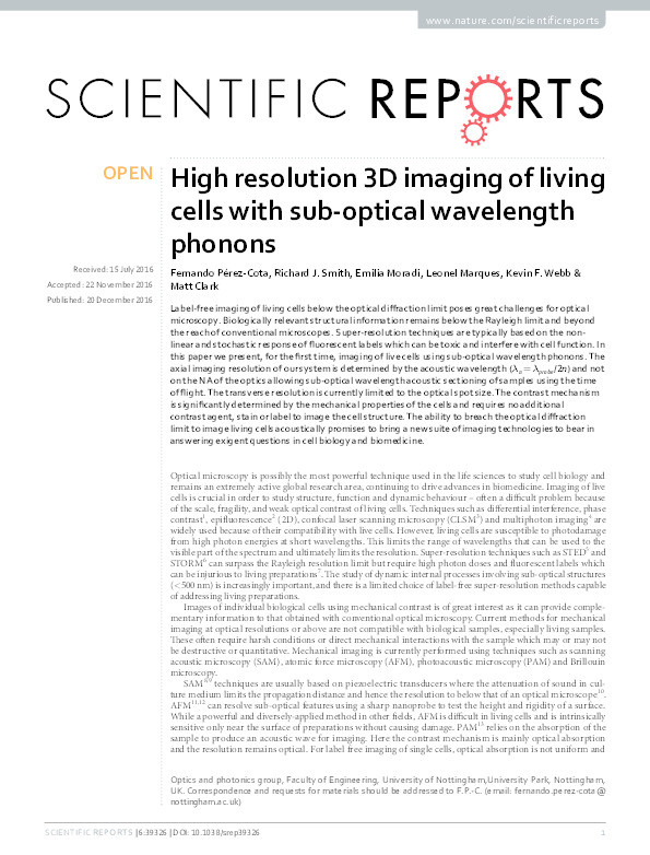 High resolution 3D imaging of living cells with sub-optical wavelength phonons Thumbnail