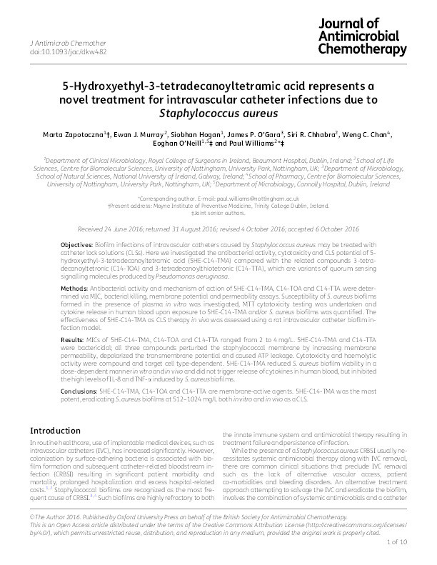 5-Hydroxyethyl-3-tetradecanoyltetramic acid represents a novel treatment for intravascular catheter infections due to Staphylococcus aureus Thumbnail