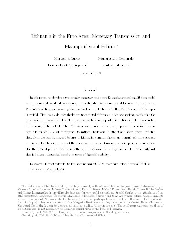 Lithuania in the euro area: monetary transmission and macroprudential policies Thumbnail