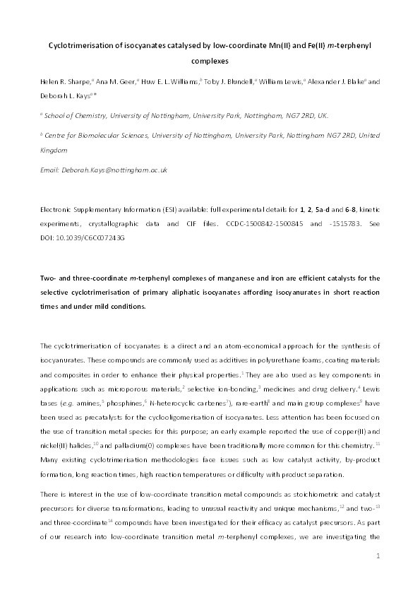 Cyclotrimerisation of isocyanates catalysed by low-coordinate Mn(II) and Fe(II) m-terphenyl complexes Thumbnail