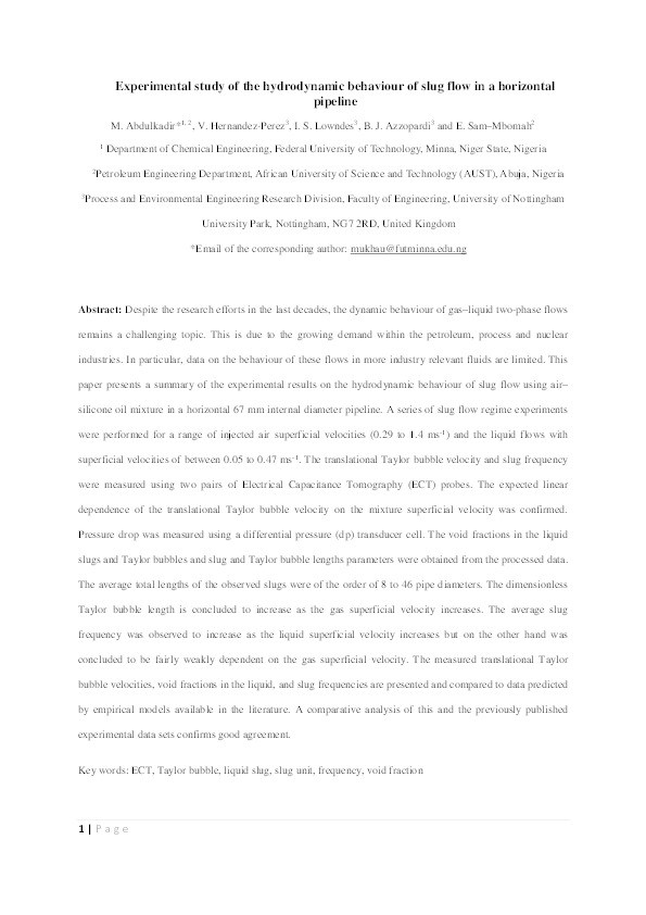 Experimental study of the hydrodynamic behaviour of slug flow in a horizontal pipe Thumbnail