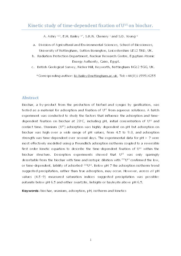 Kinetic study of time-dependent fixation of UVI on biochar Thumbnail