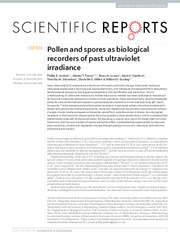 Pollen and spores as biological recorders of past ultraviolet irradiance Thumbnail