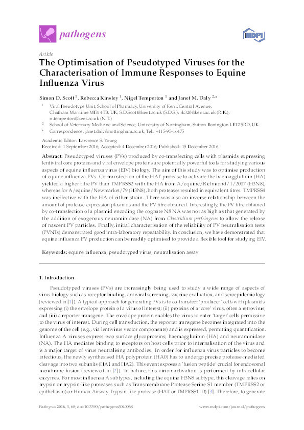 The optimisation of Pseudotyped viruses for the characterisation of immune responses to equine influenza virus Thumbnail