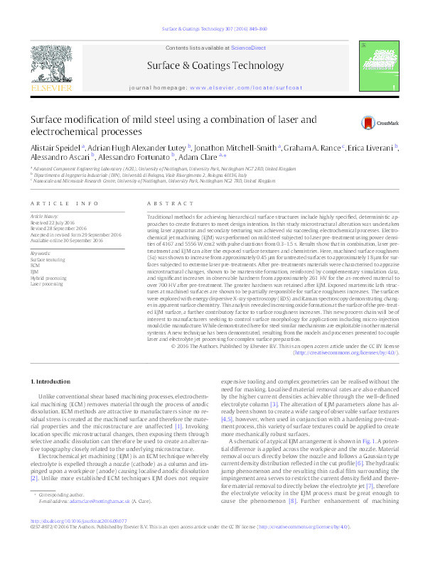 Surface modification of mild steel using a combination of laser and electrochemical processes Thumbnail