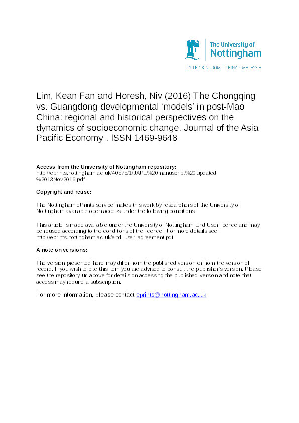 The Chongqing vs. Guangdong developmental ‘models’ in post-Mao China: regional and historical perspectives on the dynamics of socioeconomic change Thumbnail