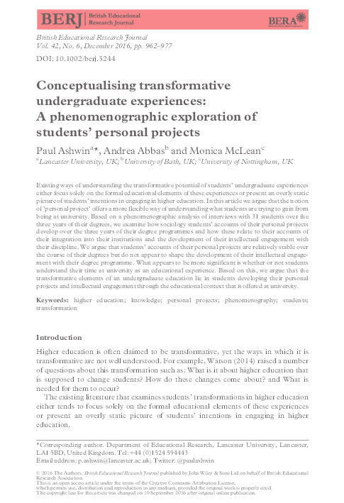 Conceptualising transformative undergraduate experiences: A phenomenographic exploration of students’ personal projects Thumbnail
