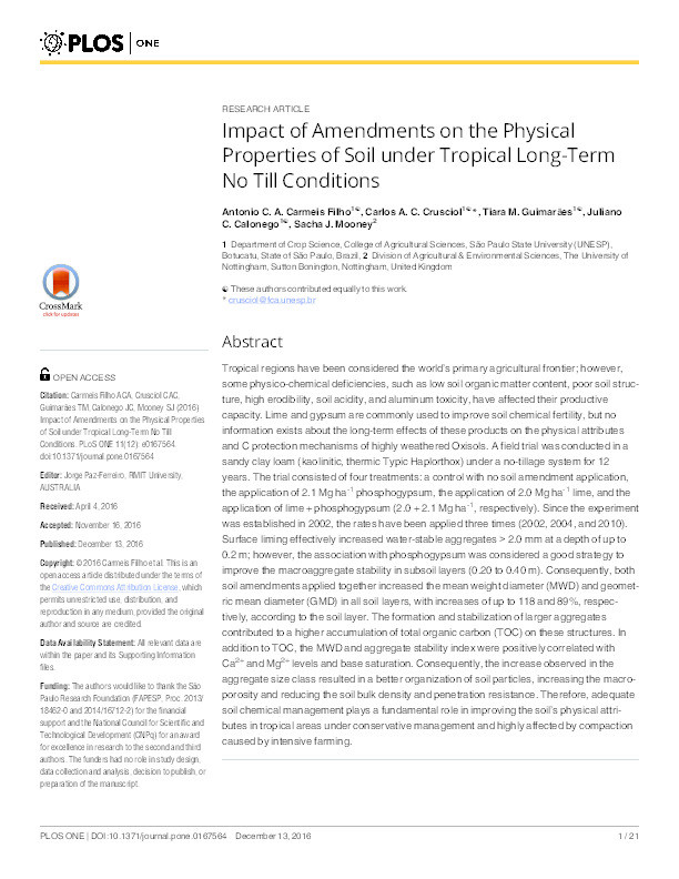 Impact of amendments on the physical properties of soil under tropical long-term no till conditions Thumbnail