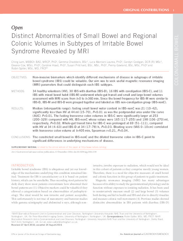 Distinct abnormalities of small bowel and regional colonic volumes in subtypes of irritable bowel syndrome revealed by MRI Thumbnail