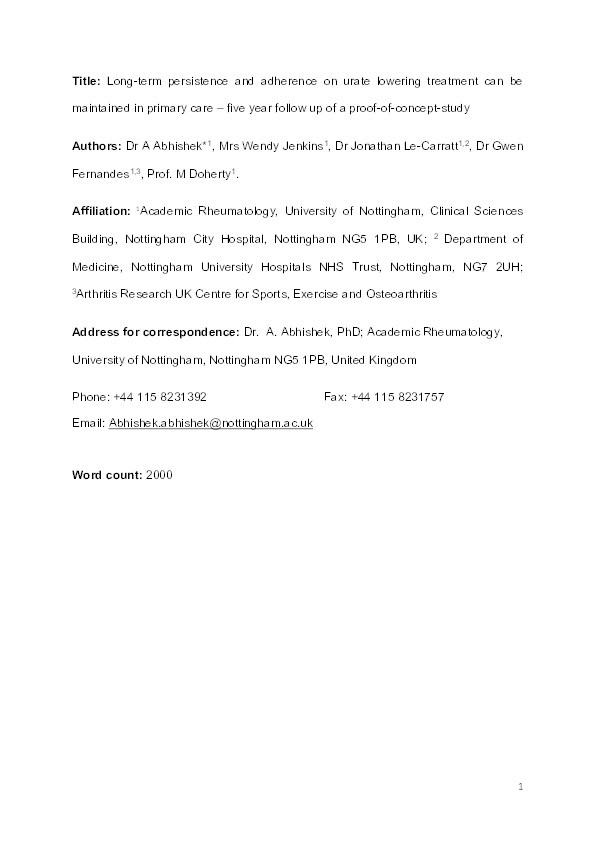Long-term persistence and adherence on urate-lowering treatment can be maintained in primary care-5-year follow-up of a proof-of-concept study Thumbnail
