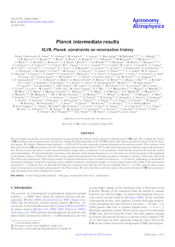 Planck intermediate results. XLVII. Planck constraints on reionization history Thumbnail