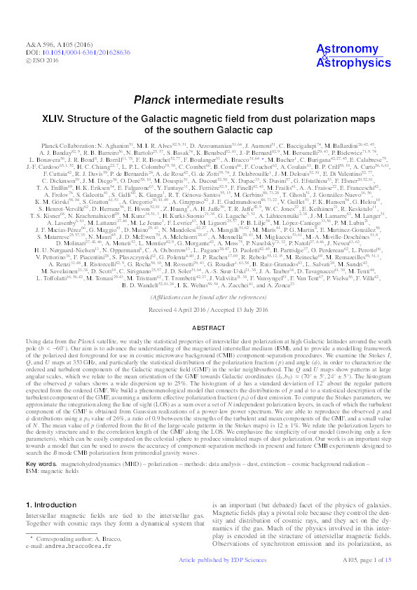 Planck intermediate results. XLIV. Structure of the Galactic magnetic field from dust polarization maps of the southern Galactic cap Thumbnail
