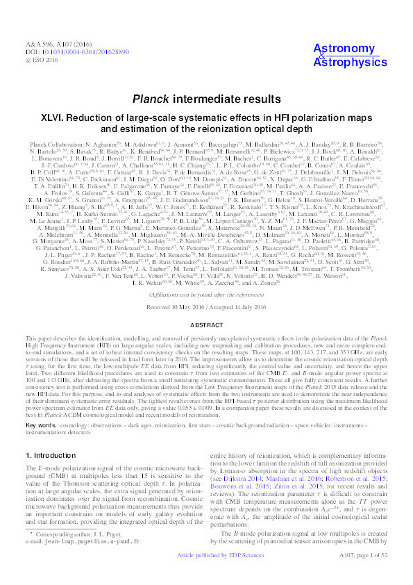 Planck intermediate results. XLVI. Reduction of large-scale systematic effects in HFI polarization maps and estimation of the reionization optical depth Thumbnail