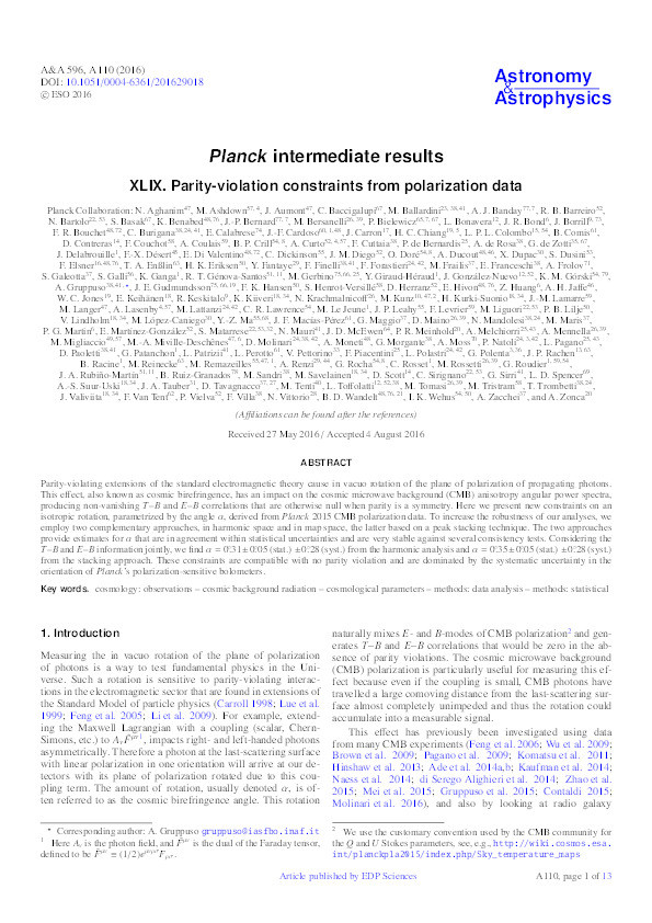 Planck intermediate results. XLIX. Parity-violation constraints from polarization data Thumbnail