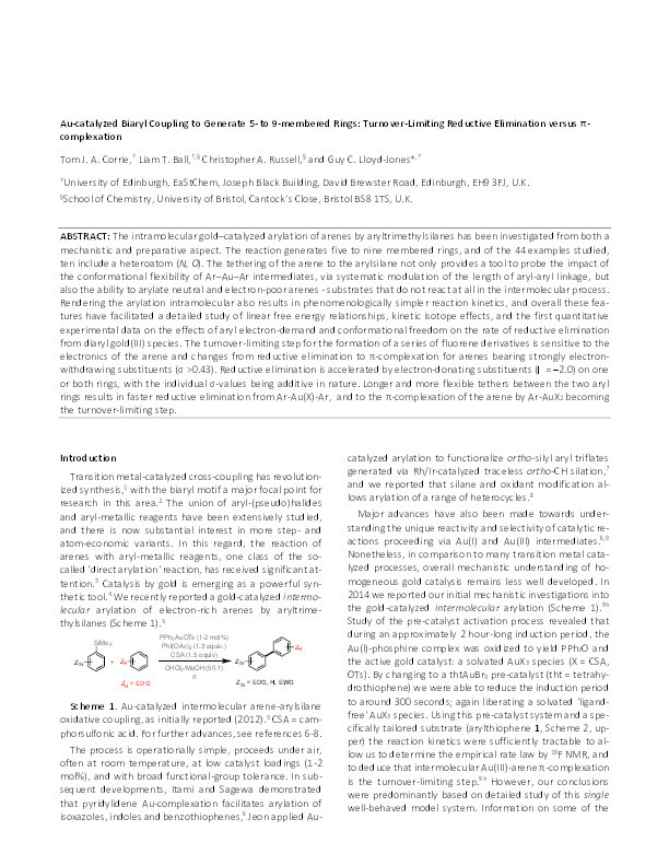 Au-Catalyzed Biaryl Coupling To Generate 5- to 9-Membered Rings: Turnover-Limiting Reductive Elimination versus ?-Complexation Thumbnail