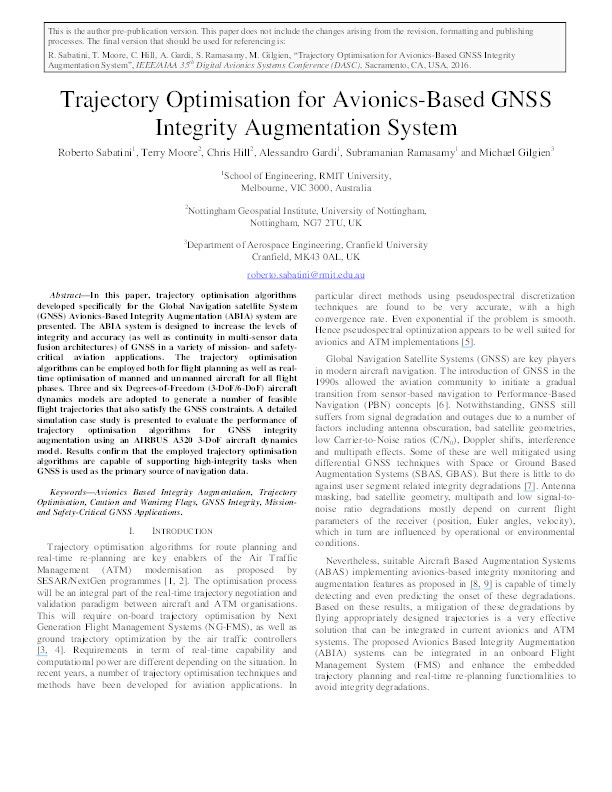 Trajectory optimisation for avionics-based GNSS integrity augmentation system Thumbnail