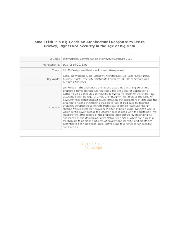 Small fish in a big pond: an architectural approach to users privacy, rights and security in the age of big data Thumbnail