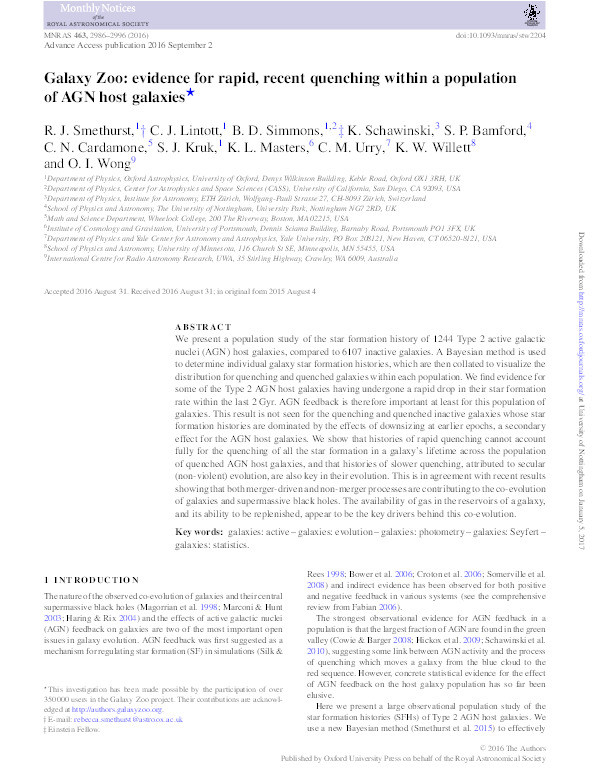 Galaxy Zoo: evidence for rapid, recent quenching within a population of AGN host galaxies Thumbnail