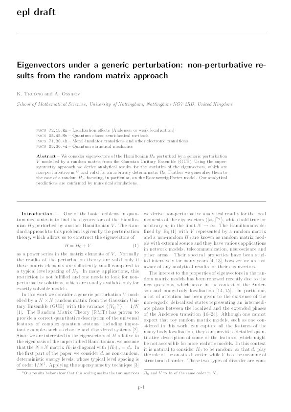 Eigenvectors under a generic perturbation: non-perturbative results from the random matrix approach Thumbnail