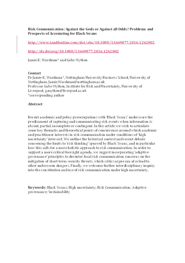 Risk communication: against the gods or against all odds?: problems and prospects of accounting for black swans Thumbnail