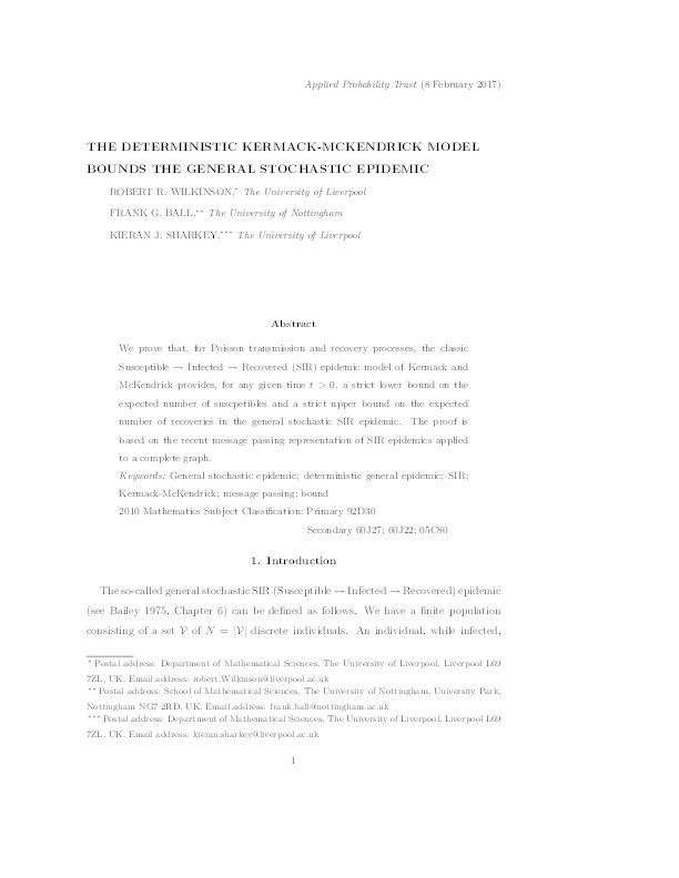 The deterministic Kermack?McKendrick model bounds the general stochastic epidemic Thumbnail