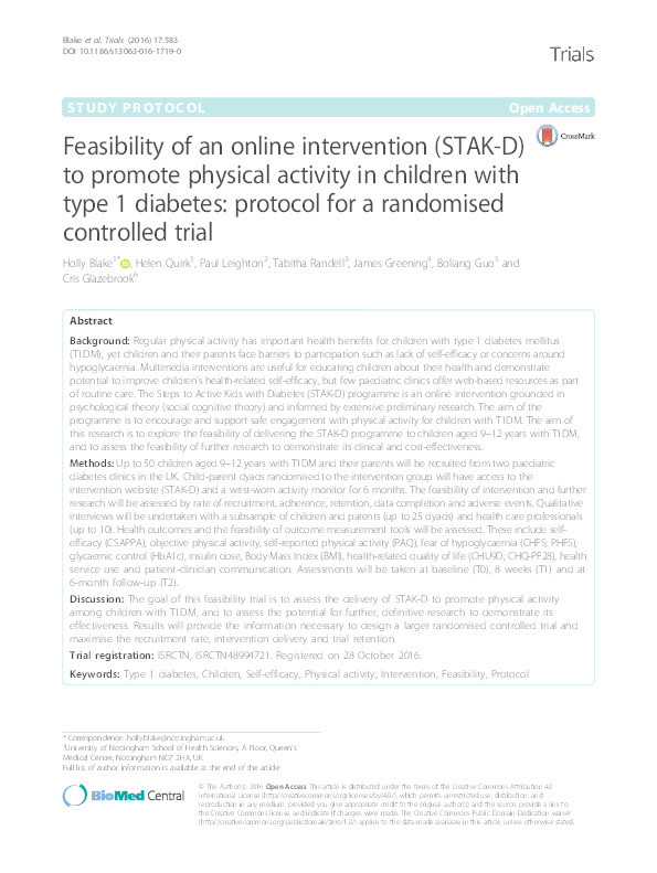 Feasibility of an online intervention (STAK-D) to promote physical activity in children with type 1 diabetes: protocol for a randomised controlled trial Thumbnail