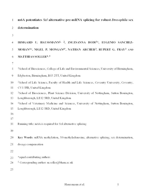 m6A potentiates Sxl alternative pre-mRNA splicing for robust Drosophila sex determination Thumbnail