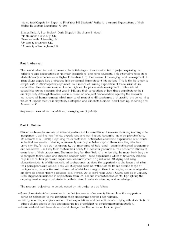 Intercultural capability: exploring first year HE students' reflections on and experiences of their higher education experience Thumbnail