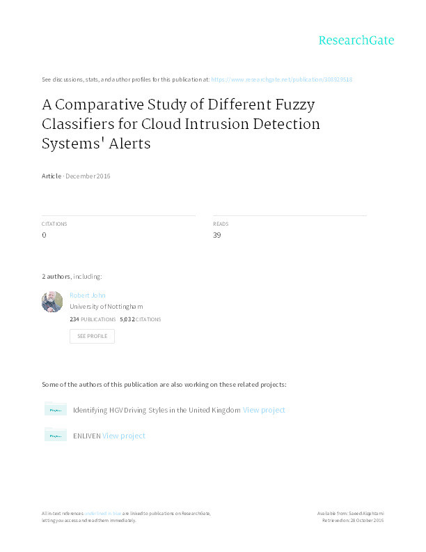 A comparative study of different fuzzy classifiers for cloud intrusion detection systems' alerts Thumbnail