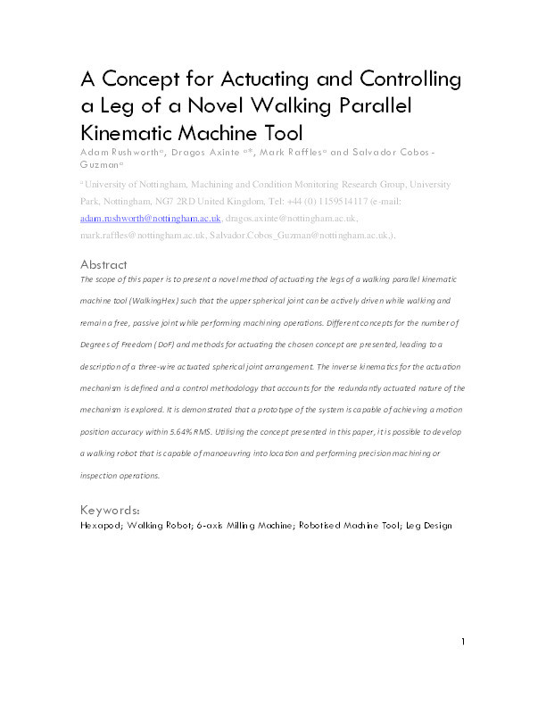 A concept for actuating and controlling a leg of a novel walking parallel kinematic machine tool Thumbnail