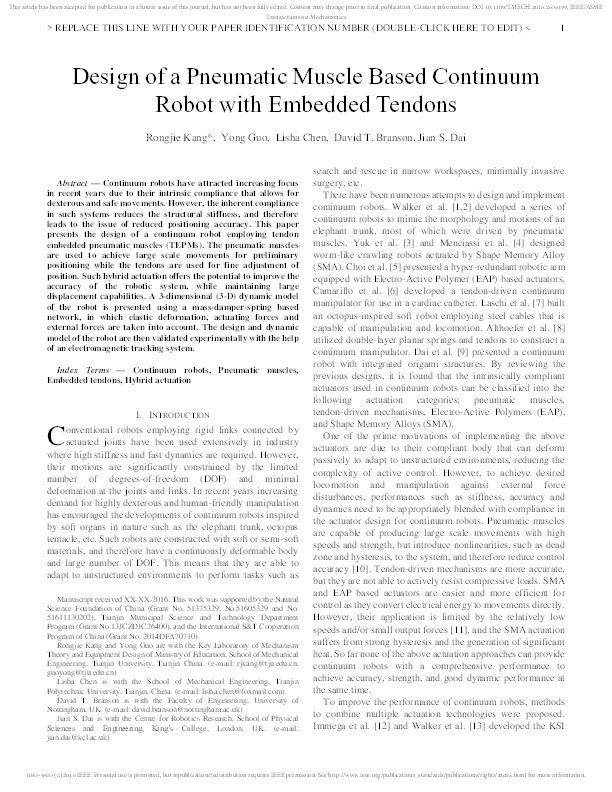 Design of a pneumatic muscle based continuum robot with embedded tendons Thumbnail