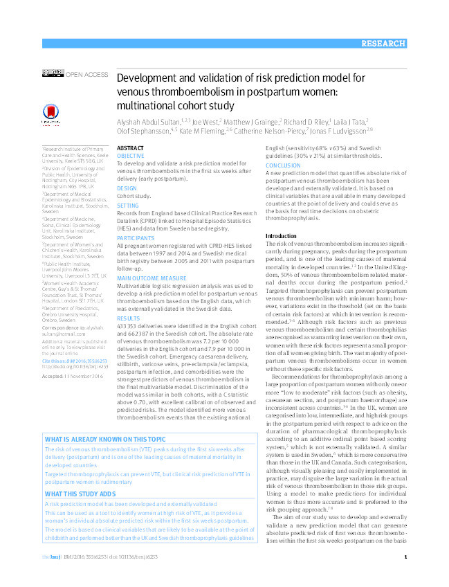 Development and validation of risk prediction model for venous thromboembolism in postpartum women: multinational cohort study Thumbnail