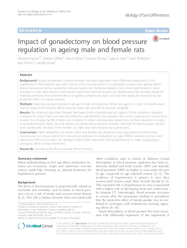 Impact of gonadectomy on blood pressure regulation in ageing male and female rats Thumbnail