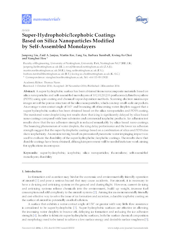 Super-hydrophobic/icephobic coatings based on silica nanoparticles modified by self-assembled monolayers Thumbnail