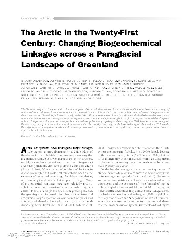 The Arctic in the twenty-first century: changing biogeochemical linkages across a paraglacial landscape of Greenland Thumbnail