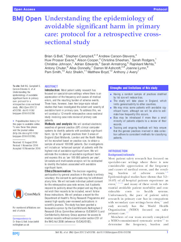 Understanding the epidemiology of avoidable significant harm in primary care: protocol for a retrospective cross-sectional study Thumbnail