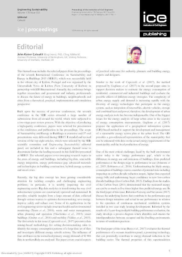 Editorial [to] Themed issue on sustainability in energy and buildings, part 1 Thumbnail