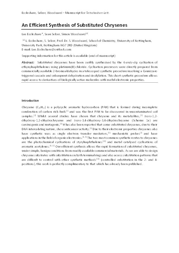 An efficient synthesis of substituted chrysenes Thumbnail