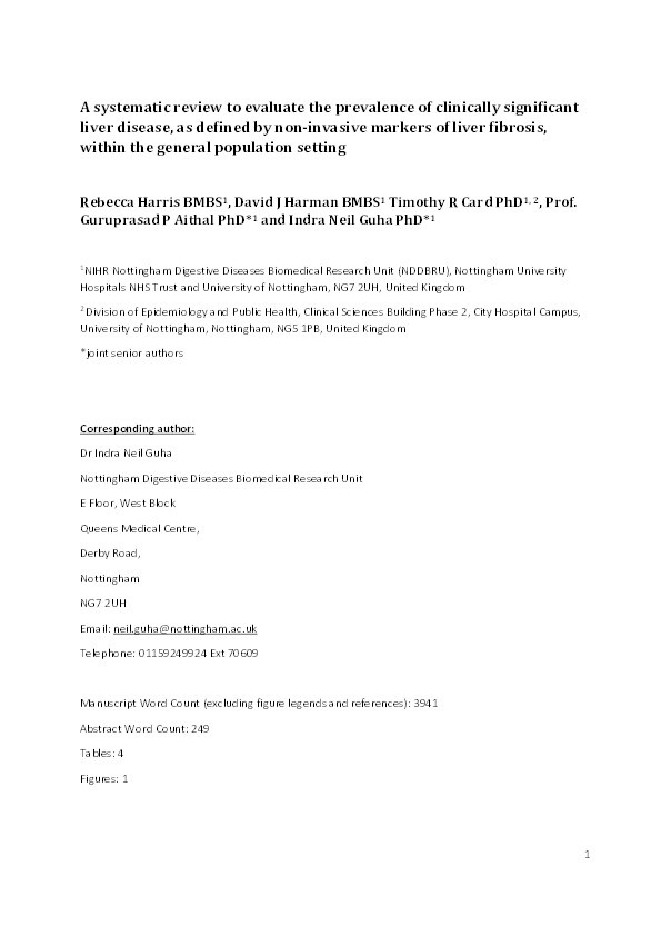 Prevalence of clinically significant liver disease within the general population, as defined by non-invasive markers of liver fibrosis: a systematic review Thumbnail