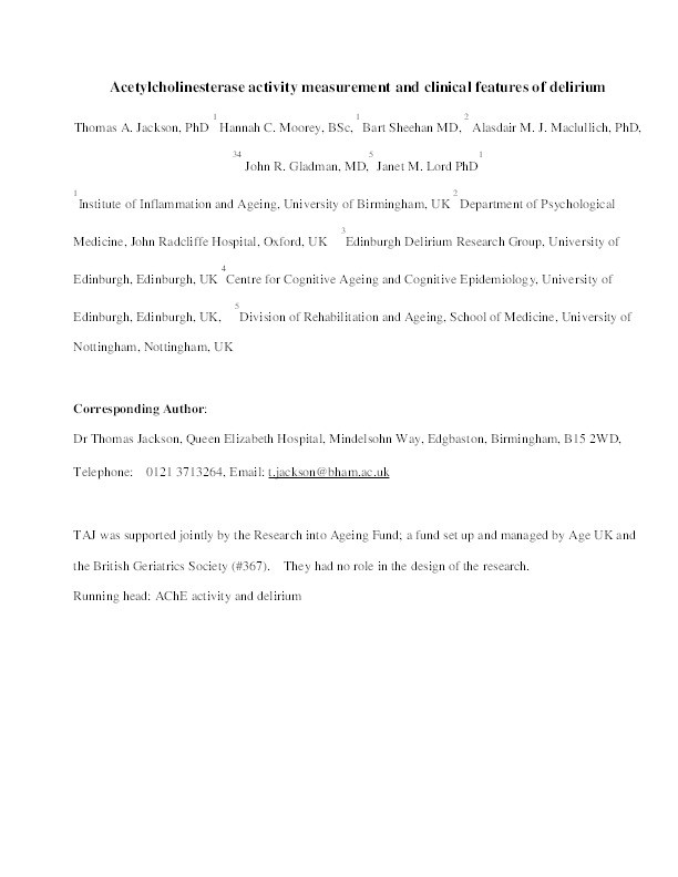 Acetylcholinesterase activity measurement and clinical features of delirium Thumbnail