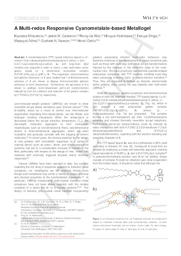 A multi-redox responsive cyanometalate-based metallogel Thumbnail