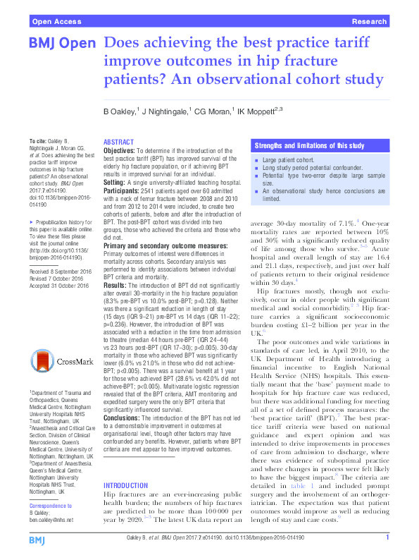 Does achieving the best practice tariff improve outcomes in hip fracture patients? An observational cohort study Thumbnail