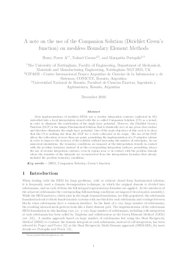 A note on the use of the Companion Solution (Dirichlet Green's function) on meshless boundary element methods Thumbnail