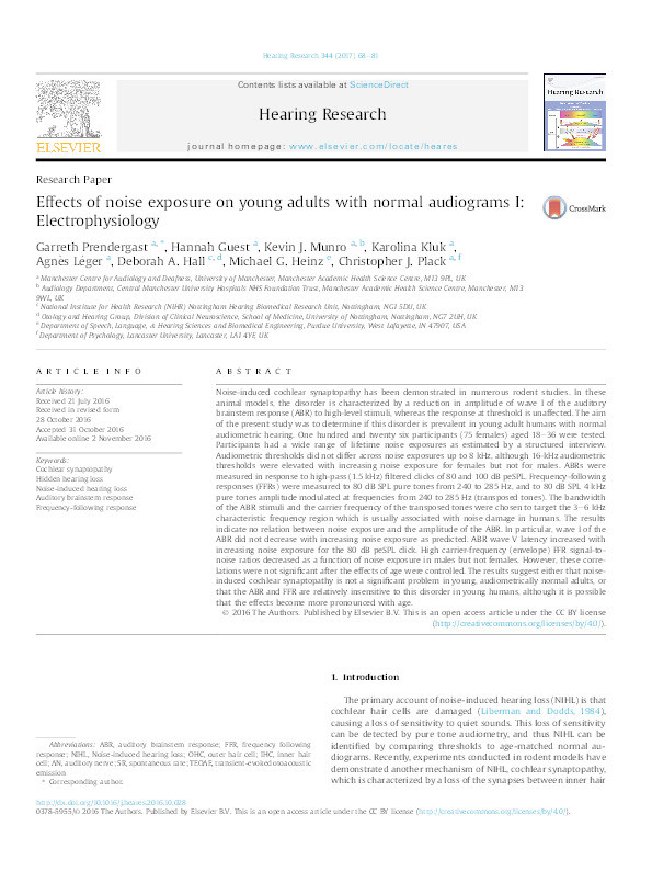 Effects of noise exposure on young adults with normal audiograms I: Electrophysiology Thumbnail