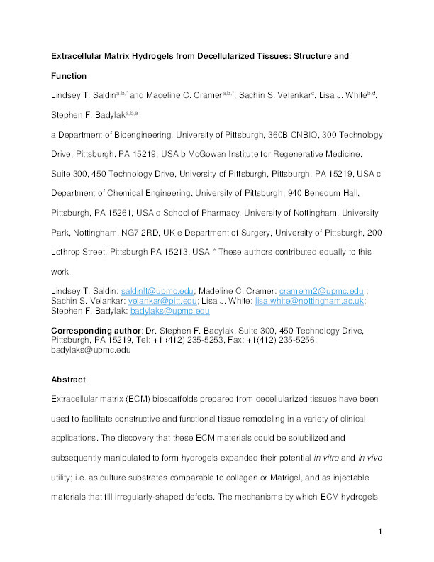 Extracellular matrix hydrogels from decellularized tissues: structure and function Thumbnail