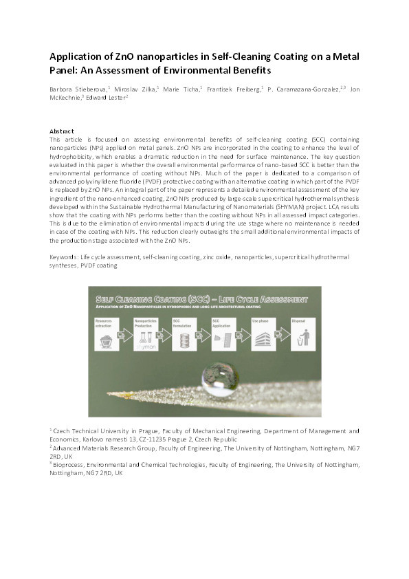 Application of ZnO nanoparticles in a self-cleaning coating on a metal panel: an assessment of environmental benefits Thumbnail