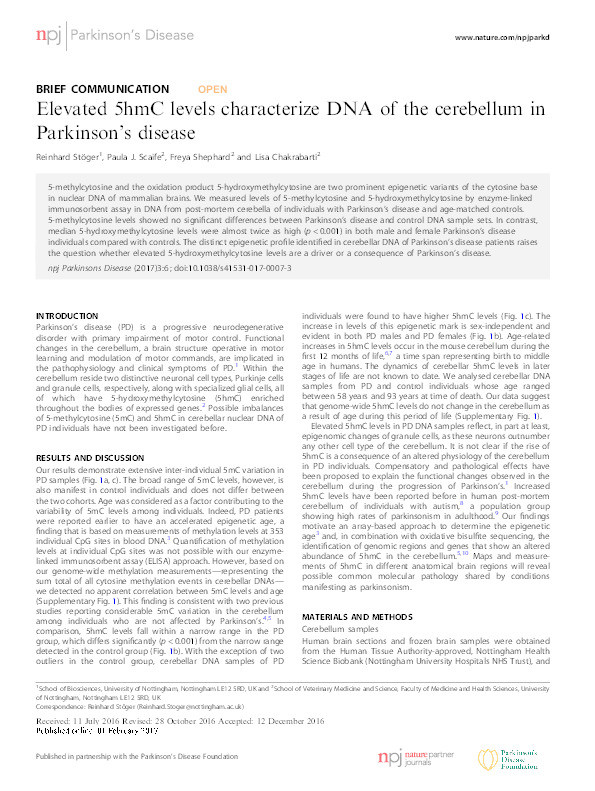 Elevated 5hmC levels characterize DNA of the cerebellum in Parkinson’s disease Thumbnail